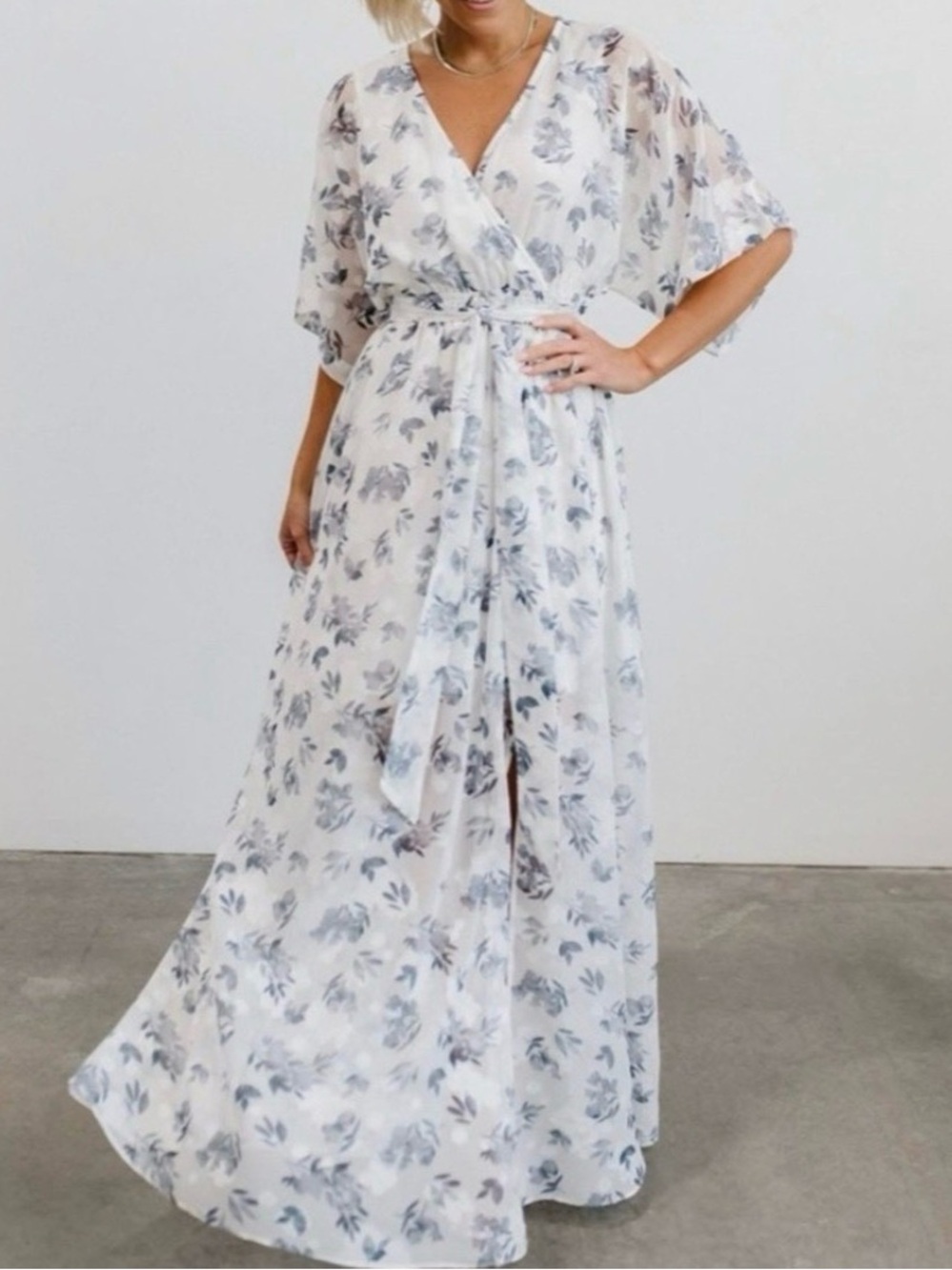 Baltic Born White Maxi Wrap Dress with Gray Floral Large